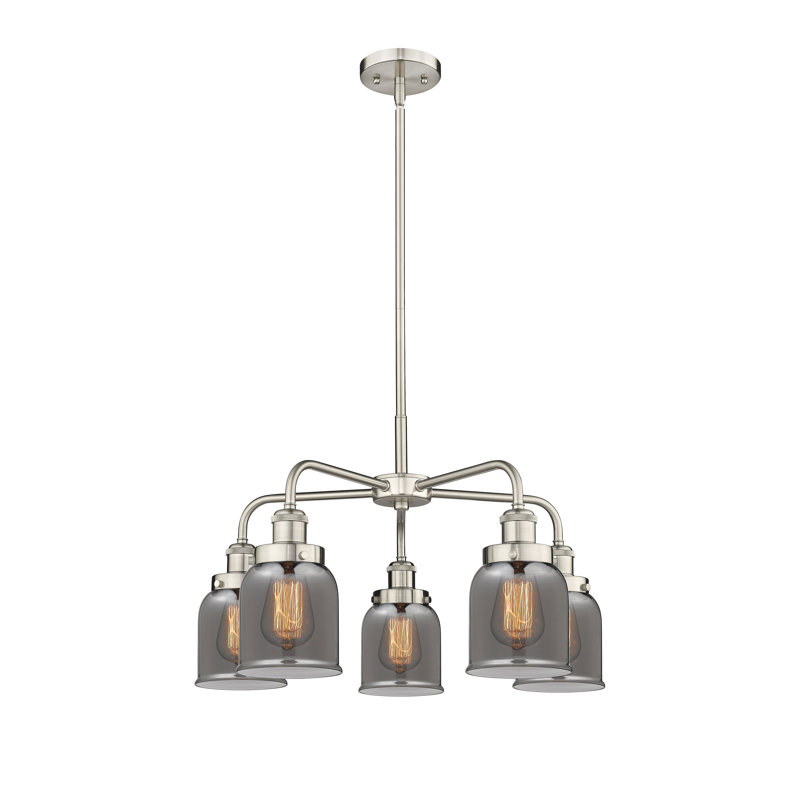 Bell - 5 Light 23" Stem Hung Chandelier - Satin Nickel Finish - Light Smoke Glass Shade, Plated Smoke, Satin Nickel