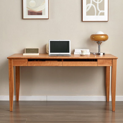 Cherry Wood Color Rectangular Solid Wood + Glass with 2 drawers desk