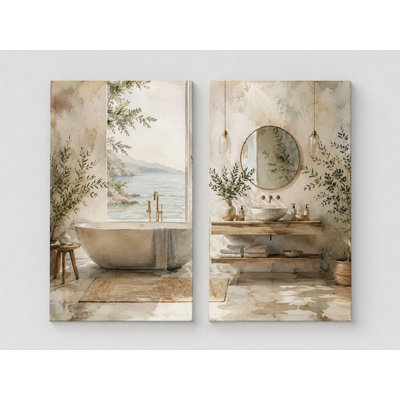 Large Set of 2 Coastal Bathroom Wall Art Neutral Watercolor Bathtub Ocean View Botanical Spa Canvas Prints Farmhouse Bathroom Decor 16x24 Inch Canvas Print - Ready to hang