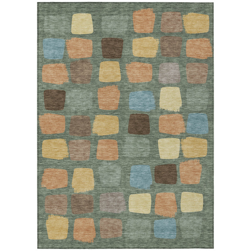 Machine Washable Indoor/Outdoor Chantille ACN2501 Squares Rug, Basil, 9' x 12'
