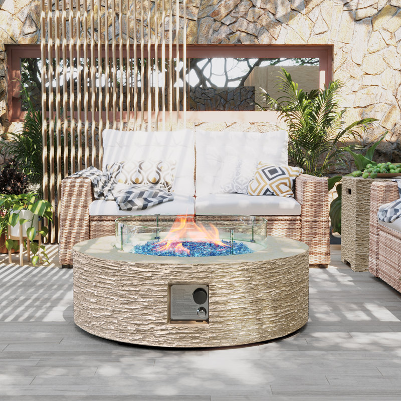 Wilfrid 12" H x 40.5" W Concrete Propane Outdoor Fire Pit Table with Tank Cover and Wind Guard, Beige