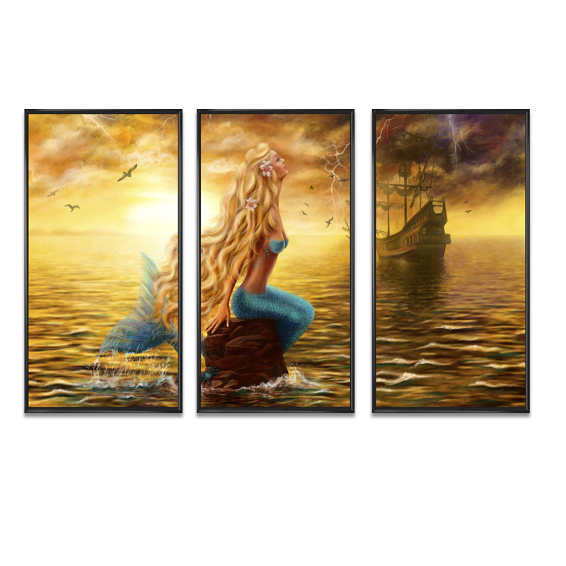 Sea Mermaid With Ghost Ship - 3 pièces, impression sur toile, Noir, noir, noir, noir, H 28 po x l 36 po