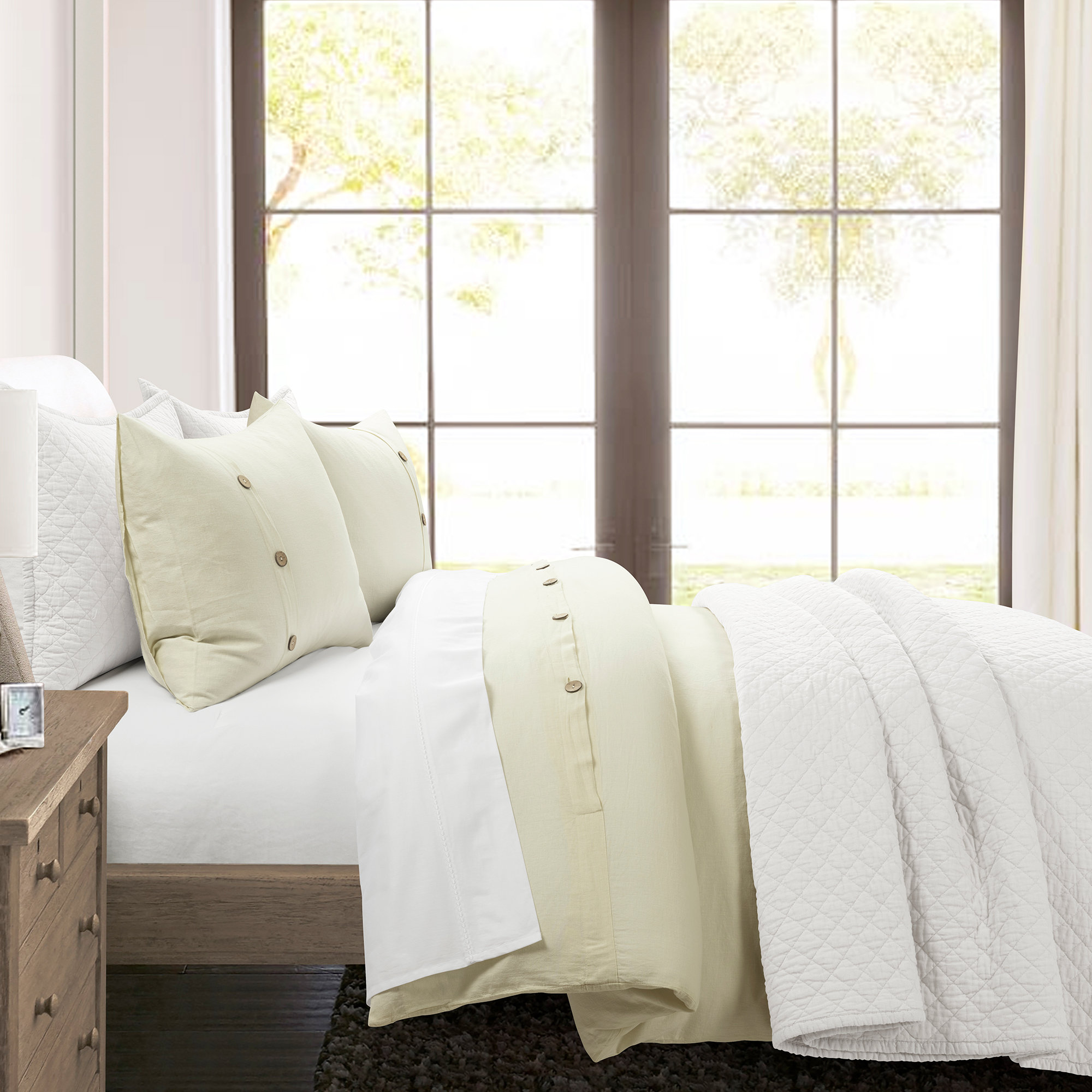 Yeni Belgian Flax Linen Duvet Cover Set, Ivory, Full/Queen Duvet Cover + 2 Standard Shams