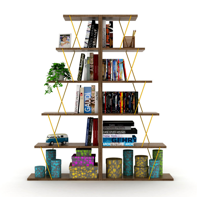5 Tier Ladder Bookshelf Organizers, Narrow Bookshelf, White/Gold