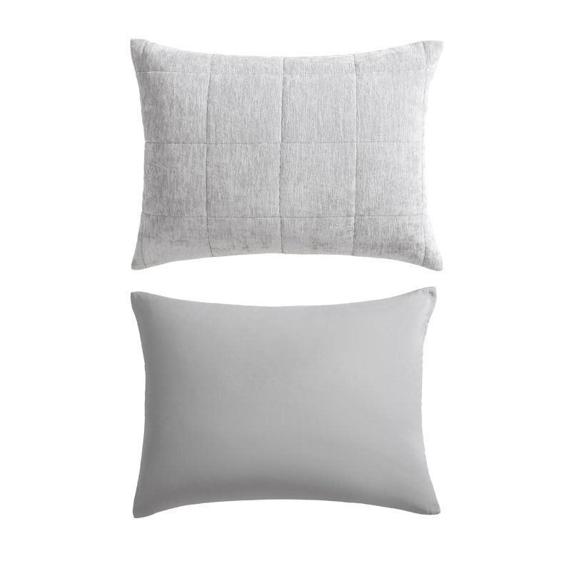 Vera Wang Chenille Box Solid Reversible Quilt Set, Queen Quilt + 2 Standard Pillowcases, Silver Gray