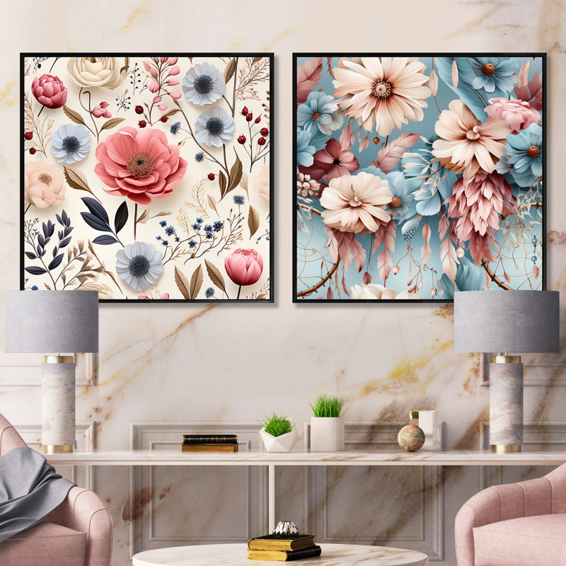 Arda - Ensemble de 2 collages carrés floraux, Cadre flottant noir, H 16 po x l 33 po
