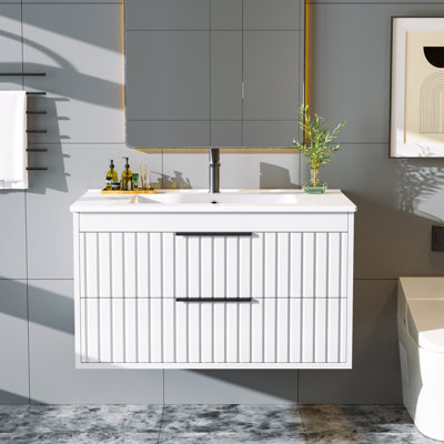 30" Floating Wall Mount Single Bathroom Vanity with Ceramic Sink Top