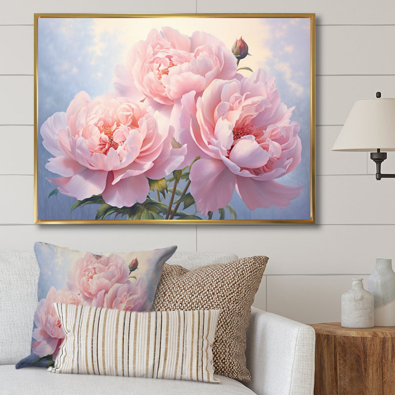 Pink Peony Perfection II On Canvas Print, 30" H x 40" W x 1.5" D, Gold Floater Framed