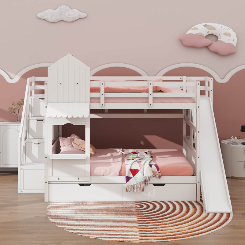 Lit superposé double au-dessus de double, lit superposé de style château avec 2 tiroirs et 3 tablettes, lit superposé en bois massif avec glissière et escalier de rangement
