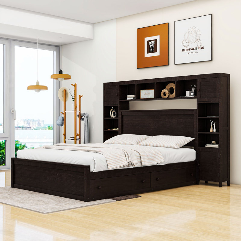 4 Drawers Wood Platform Bed with Cabinet, Espresso