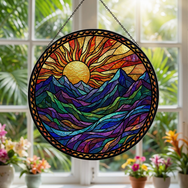 Panneau de vitrail 12 "H Sunset Mountains, H 12 po x l 12 po