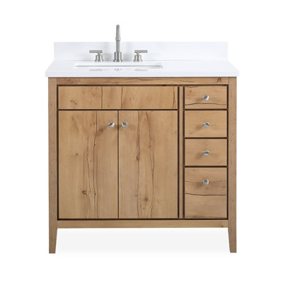 Tennant Brand 36 Inch Modern Freestanding Natural Wood Beatrice Bathroom Vanity, Single Sink, White Quartz Top, Fully Assembled