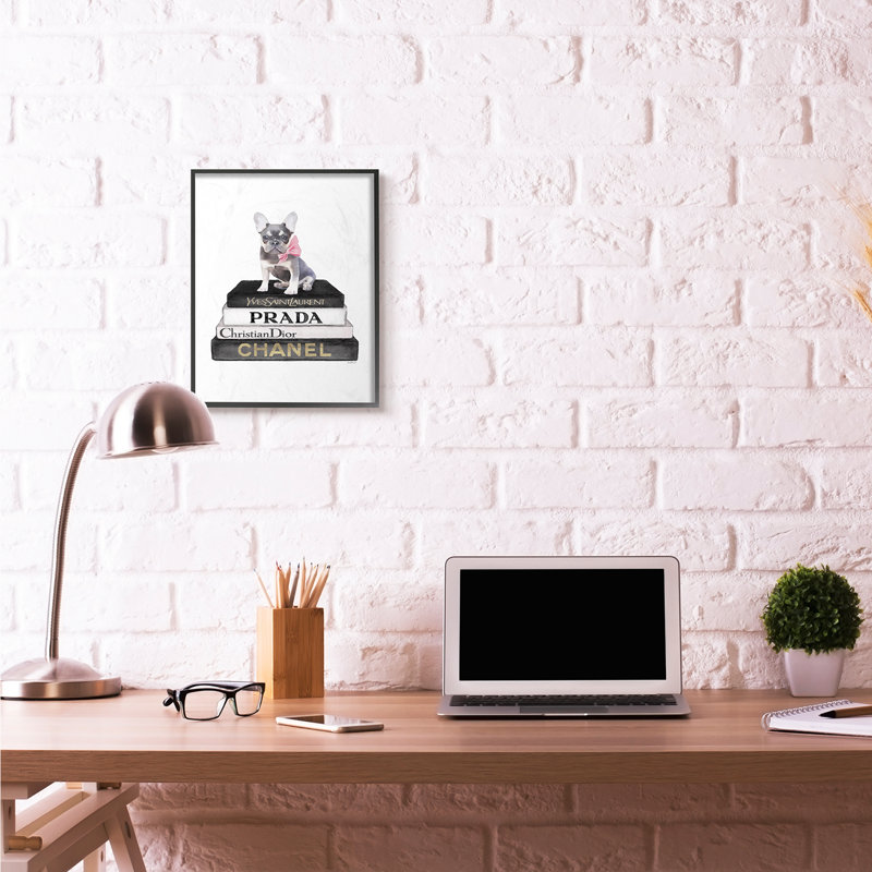 « mode designer pet dog bookstack black gold », impression, H 20 po x l 16 po, Giclée encadrée noir minuit