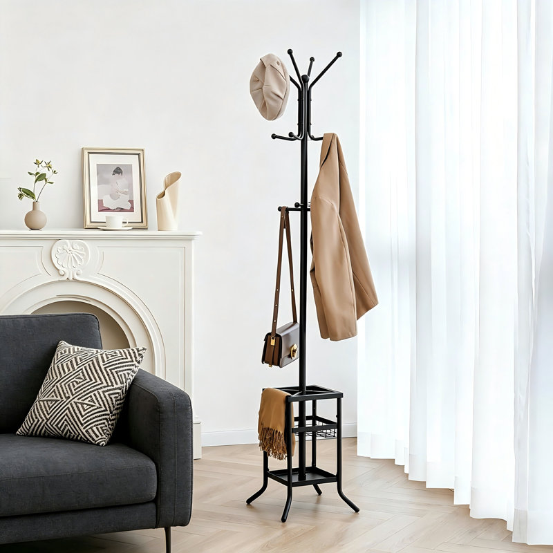 Modern Minimalist Freestanding Coat Rack, Made Of Metal With 12 Hooks And An Umbrella Holder, Suitable For Entryway, Bedroom, And Office Use.