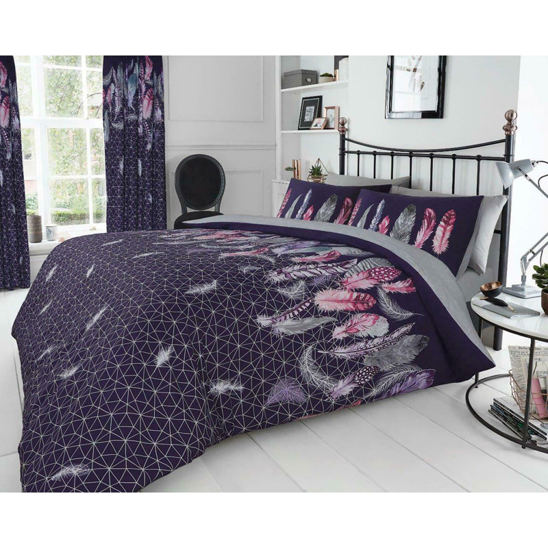 Modern Feather Design Duvet Cover Set with Matching Pillowcases - Polycotton Fabric Bedding, King, Duck Egg