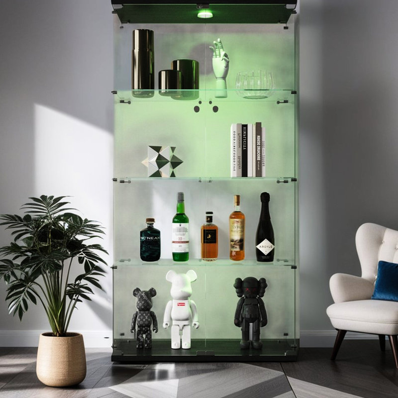 Black 4-shelf Lighted Glass Display Cabinet - 65.49”h X 31.63”l 14.77”w, Lights With 12 Color Settings By Remote Control, 5mm Tempered & Solid Wood, Safe , Lock For Security, 15 Lbs Shelf Capacity,