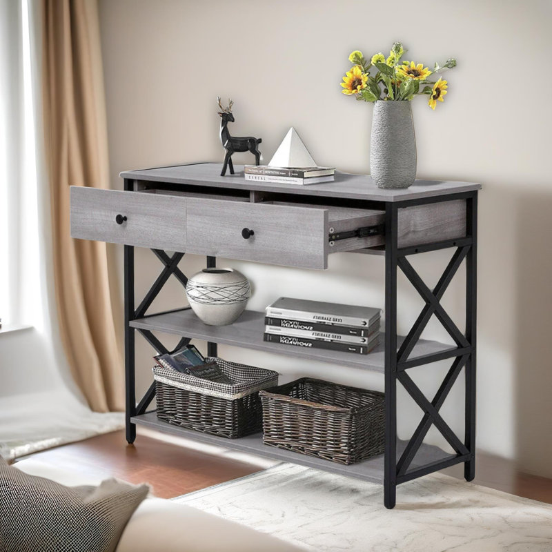 3 Tier Console Table With 2 Drawers and Storage Shelves