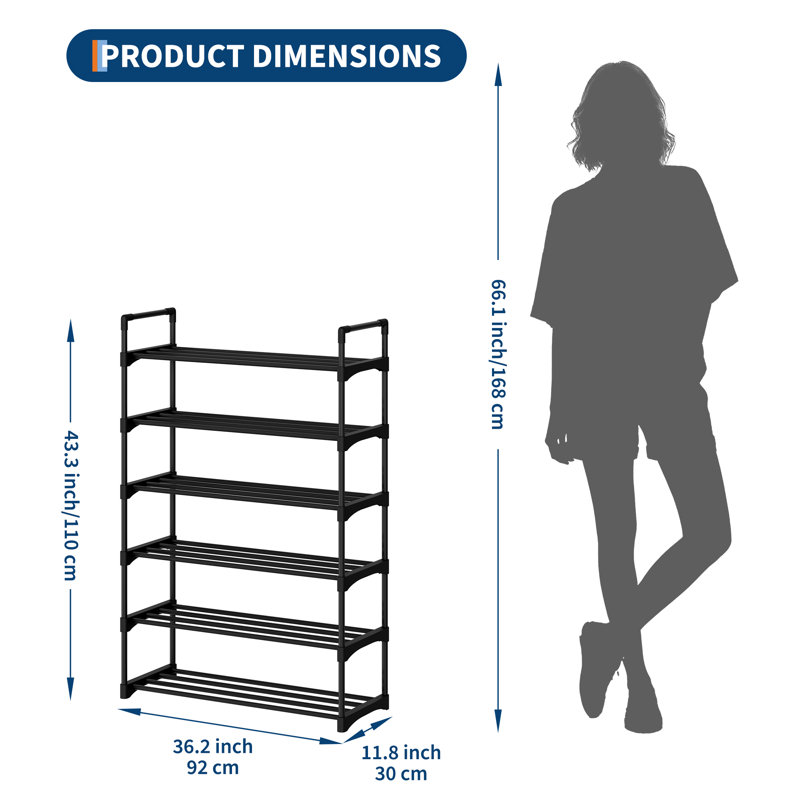 Range-chaussures industriel avec cadre en métal et plateau en bois 6 couches 30 * 110cm noir