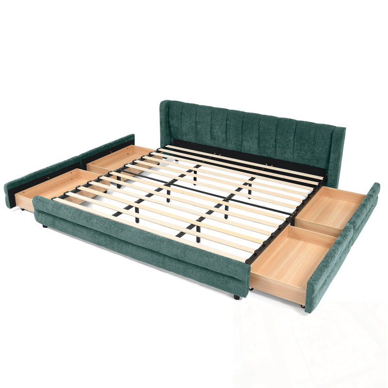 Lit plateforme tapissier avec rangement, Grand lit, Beige