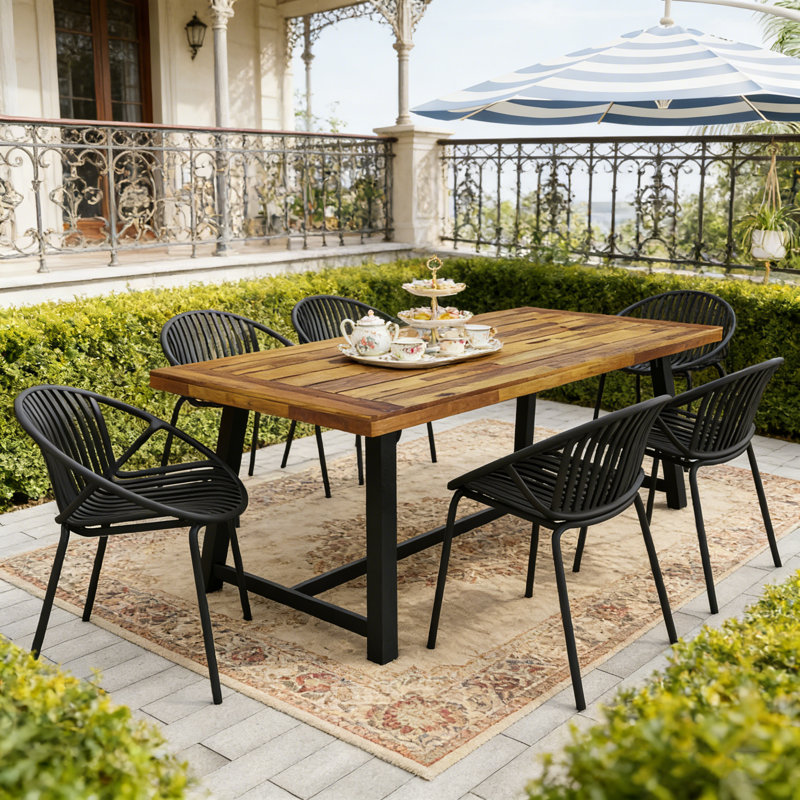 Ensemble de salle à manger d'extérieur moderne 7 pièces avec chaises empilables et table en bois d'acacia durable, Black