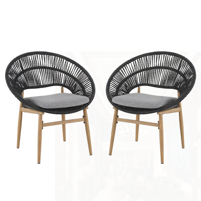 Ensemble de 2 chaises d'extérieur en osier, Coussin gris foncé / structure en teck