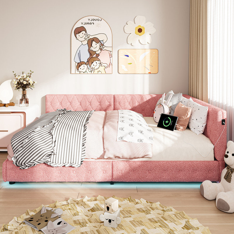 135×190 cm Upholstered Bed, Pink