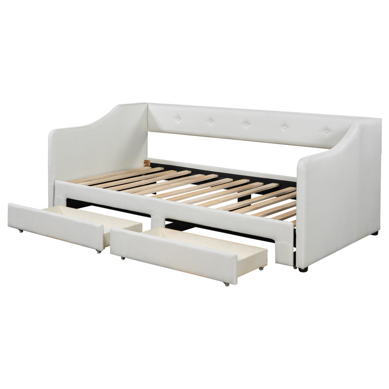 Beige, Expandable, Upholstered, Twin Xl To King Daybed, Pull - Out Drawers, Ergonomic Support For Back And Arm, Soft Fabric King, Upholstered Buttoned Drawer Surfaces, Comfortable
