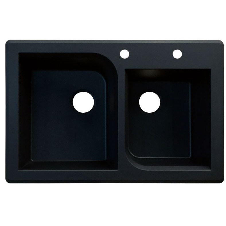 Radius 33.0625'' L Double Bowl Granite Kitchen Sink, Black, 2 hole