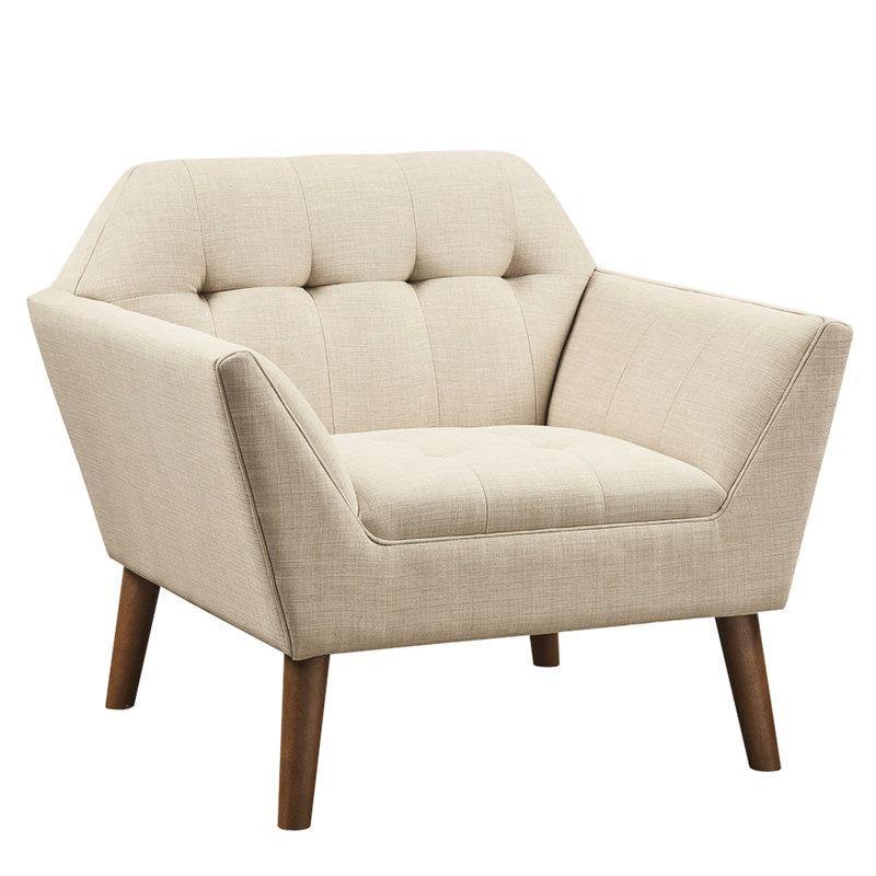 Lounge Chair In Mid Century Style, Button Back And Seat, Solid Pecan Wood Legs, Beige Upholstery, 37"W X 29.5"D 31.5"H Mid-Century Modern Armchair, Legs Pecan, ,