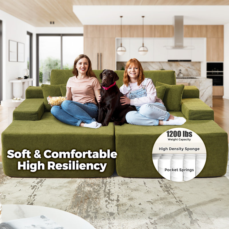81" sleeper sectional, Modular Sectional Sofa Bed, Double Lounge Chaise, Cloud Plush Sofa Bed, No Assembly Required, Green