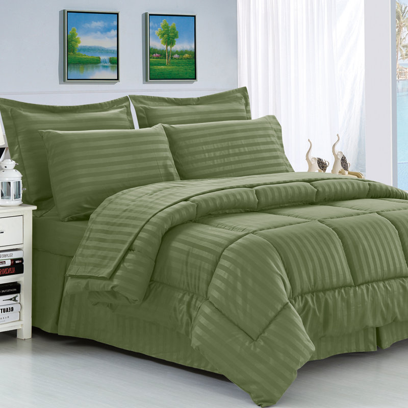 Polyester Baffle Box Stitch Striped Comforter, Green, Full/Queen Comforter + 7 Additional Pieces