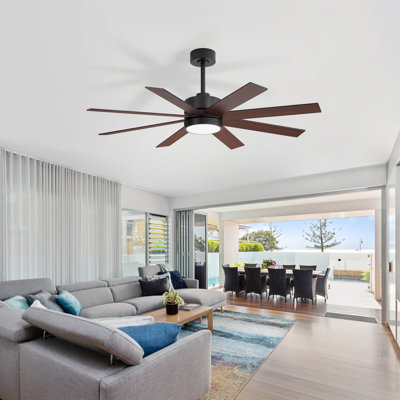 Ventilateur de plafond 52 pouces à 8 pales avec lumière et télécommande, 3 ampoules à intensité variable, moteur à courant continu silencieux, 6 vitesses, pales noir / noyer