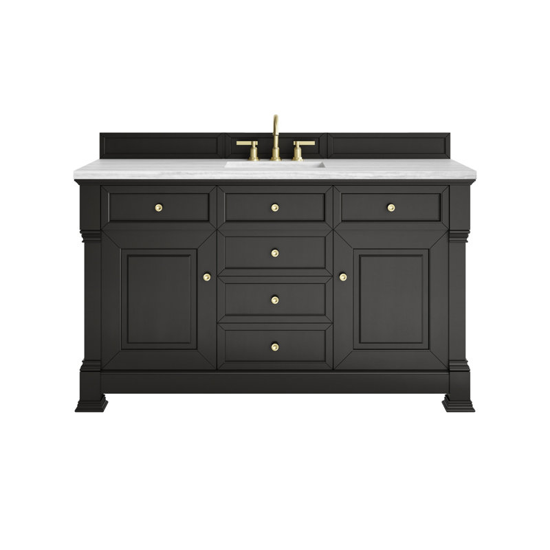 Brookfield Single Vanity, Carrara White, Widespread, Black Onyx
