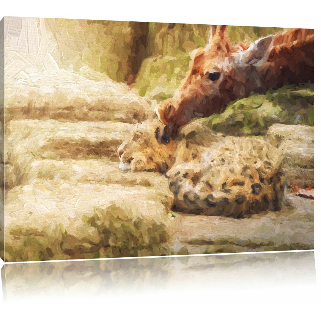 Leinwandbild "Kuschelnder Leopard und Giraffe", Grafikdruck