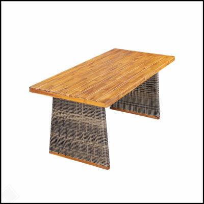 Table de salle à manger d'extérieur en bois d'acacia durable avec plateau à lattes et pieds en rotin tissés à la main pour une utilisation élégante dans le patio