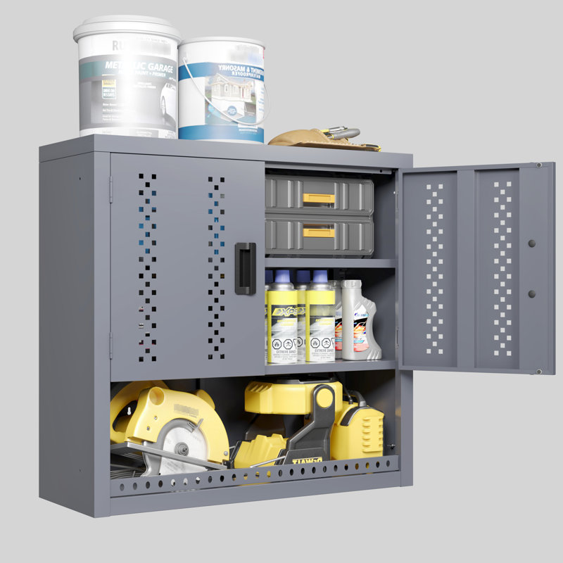 Armoire de garage en acier de 30,38 po de hauteur avec porte, fixée au mur pour les cuisines, les sous-sols, les entrepôts, l'installation rapide, l'outil de personnalisation de tablette flexible H, les tablettes amovibles en métal, le système de charnières à ouverture douce