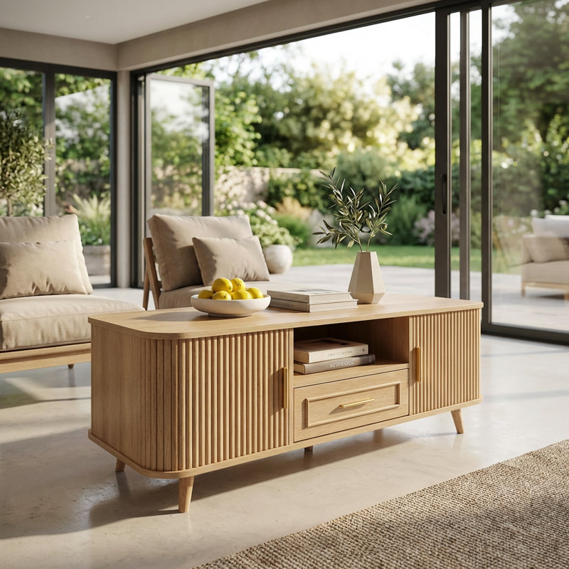 Table basse de style Mid-Century moderne avec portes de rangement et tiroir