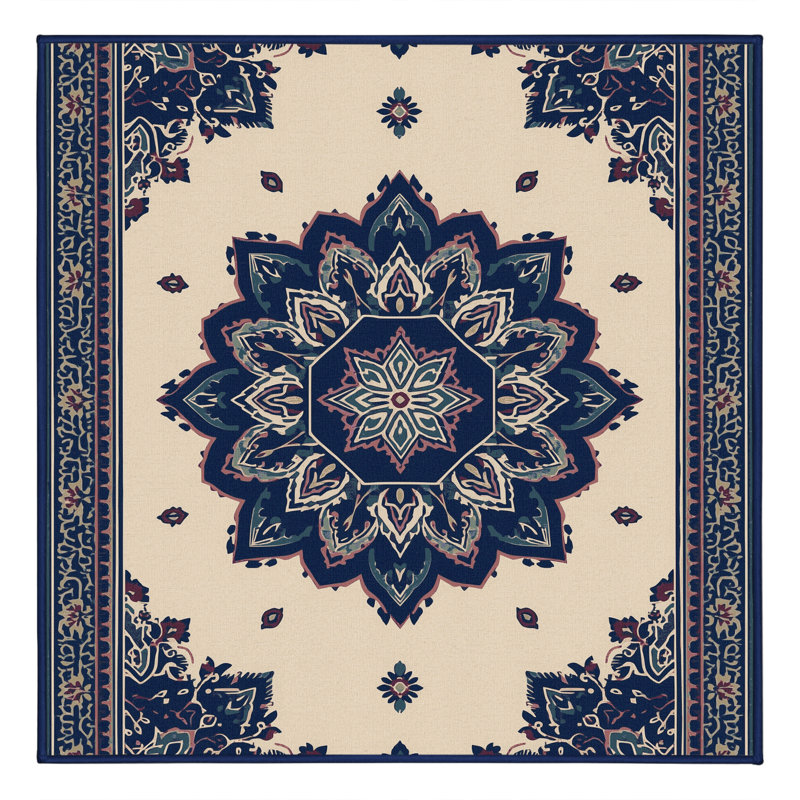 Soft Plush Ebbert Classic Oriental Area Rug in Gray – Navy Binding, 6' Square