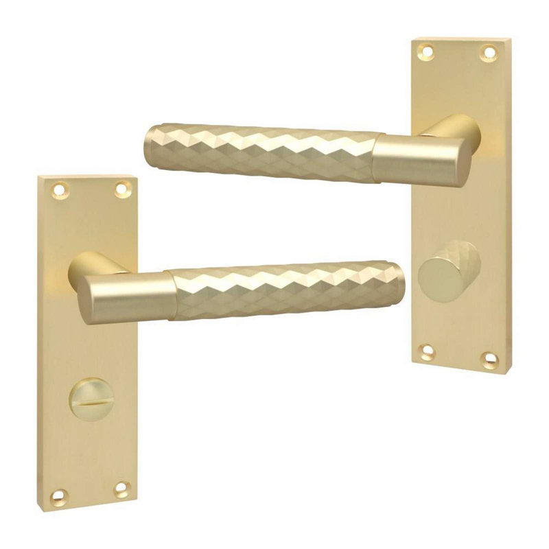 Golden Grace Victorian Design Knurled Diamond Cut Bathroom Handle on Backplate Satin Brass Finish with Bathroom Mortise Lock - 150mm x 40mm
