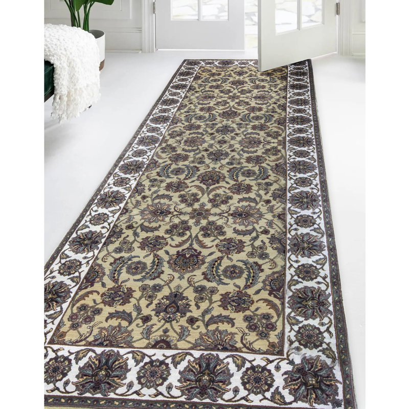 Tapis de couloir doré et ivoire de haute qualité noué à la main Trinity