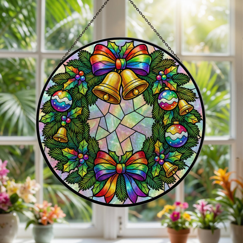 12"H Christmas Wreath Stained Glass Window Panel