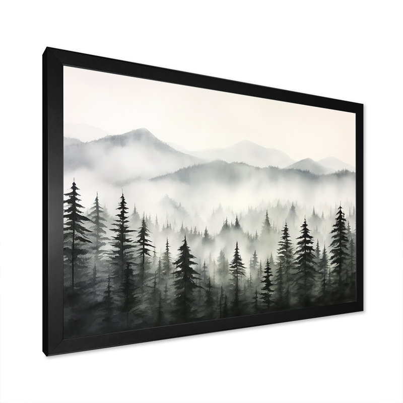 «Gray Misty Morning Forest Horizon I», art mural grand forêt, H 30 po x l 40 po x P 1,5 po, Cadre simple noir
