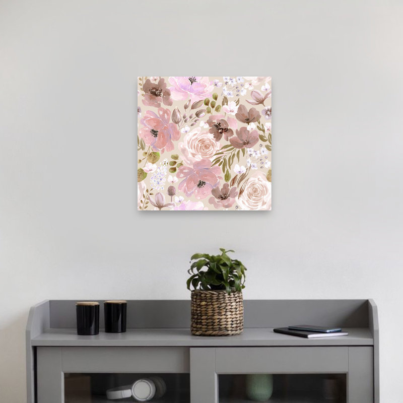 Art floral chaos floral, beige, délicat, élégant, pivoine romantique, fleur rose, art mural, 18" H x 18" W