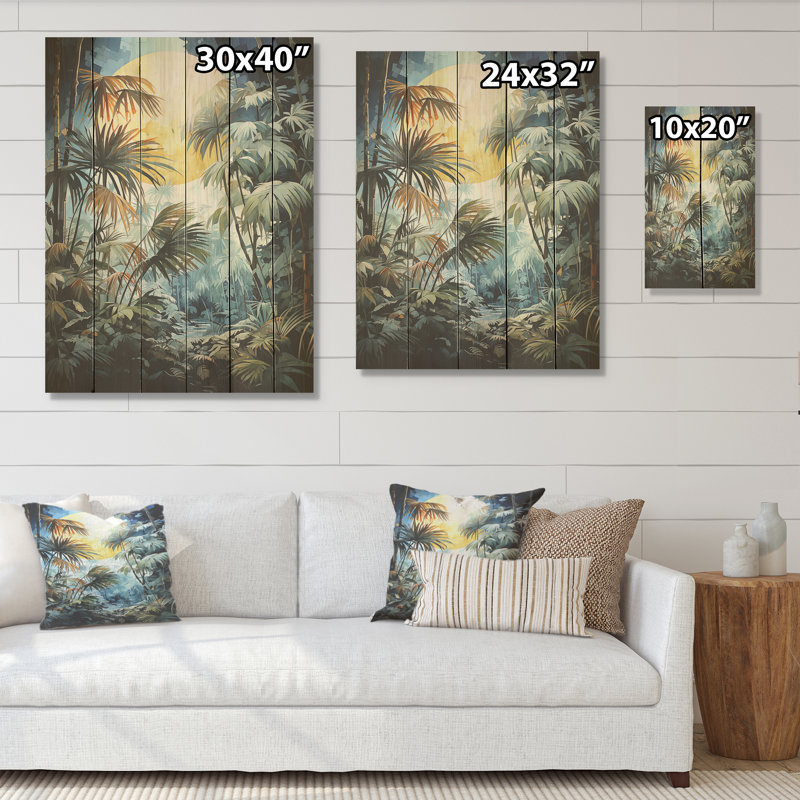 Forêt de palmiers au clair de lune - Art sur bois de pin naturel, H 20 po x l 10 po