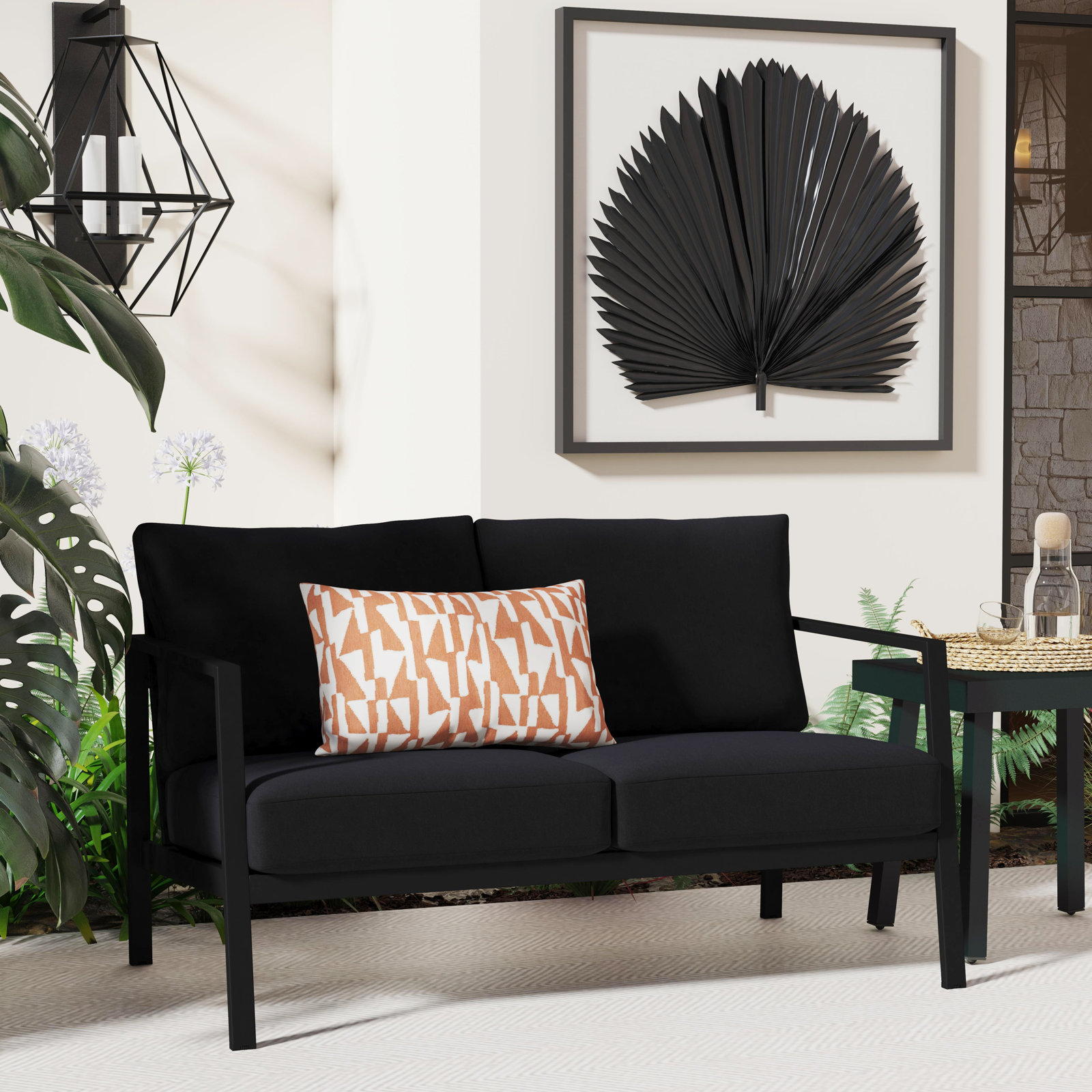 Armando 51" Sunbrella® Patio Loveseat, Black Sunbrella®, Black