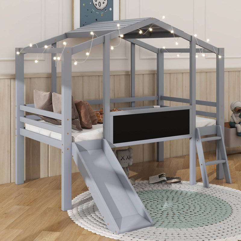 Endearing Twin Loft Bed With A Ladder, A Slide, And A Lovely House Design, Grey