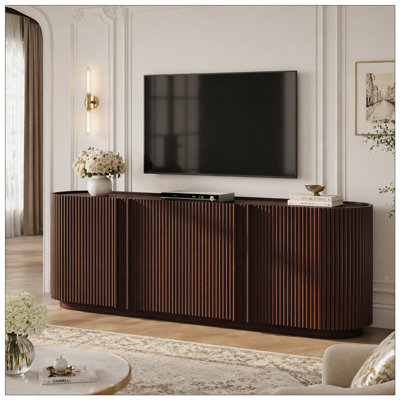 Mid Century Wood Grain TV Stand with Fluted Tambour-Style Door for TVs up to 70", Farmhouse Media Console with Adjustable Shelves, Curved Edge TV Cabinet with Cable Management for Living Room, Walnut