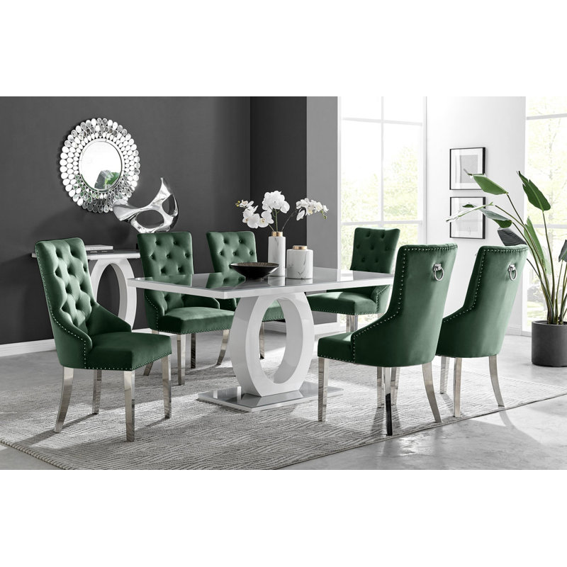 Scottsmoor Halo Dining Table Set in Modern High Gloss with 6 Luxury Velvet Dining Chairs