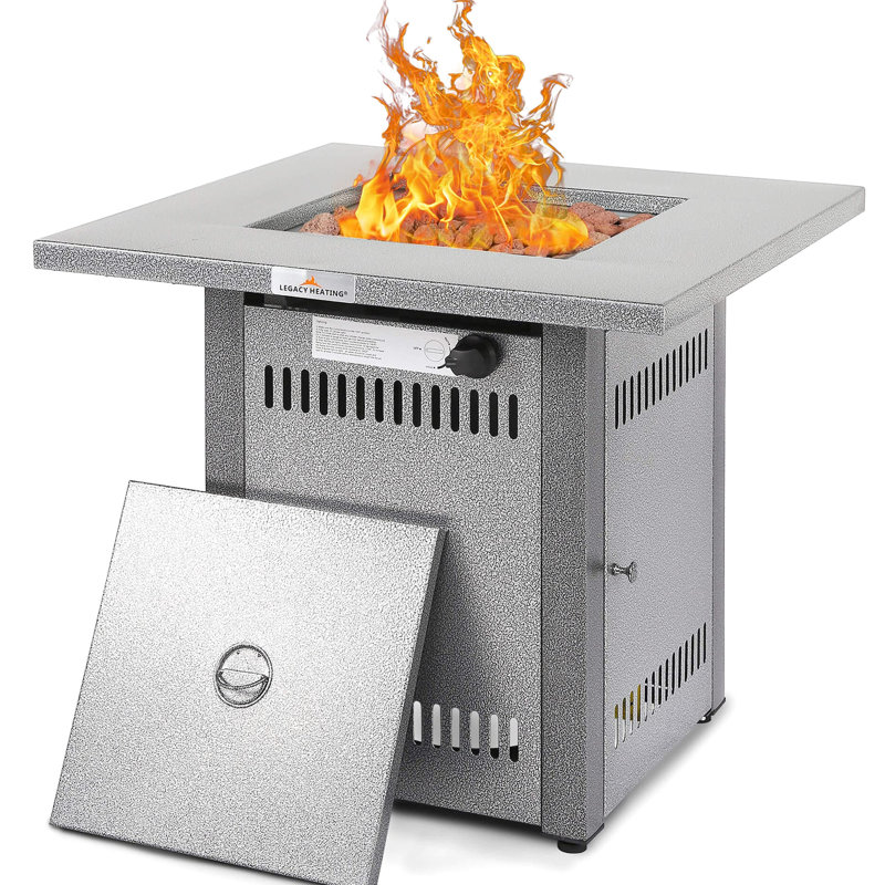 Outdoor Fireplace Table With 50000 Propane Gas, 28" Silver & Lava Rock For Patio Gas Fire Pit Table, Stones Balcony