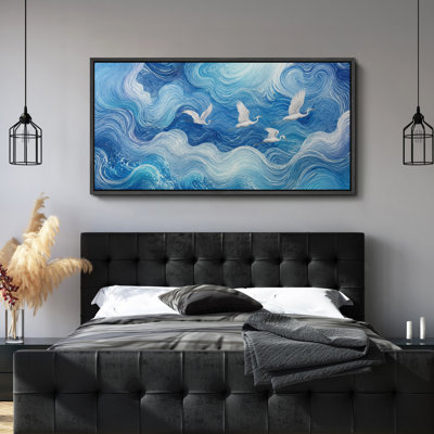 Blue Ocean Waves With Flying White Birds Coastal Nature Wall Decor - Large Framed Canvas Master Bedroom Wall Art Print